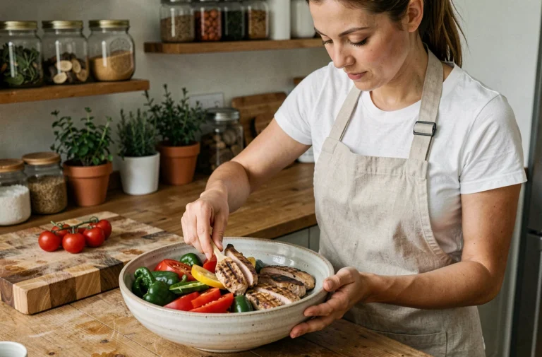 Femme préparant un bol de légumes colorés et de poulet grillé dans une cuisine conviviale pour une alimentation légère et équilibrée