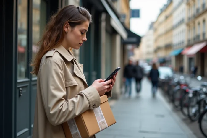 Une jeune femme consulte son smartphone pour trouver le point relais Chronopost le plus proche dans sa rue