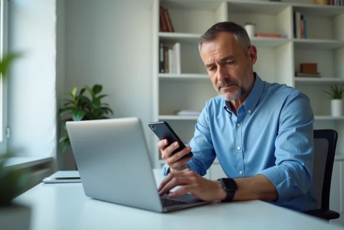 Homme utilisant un ordinateur portable et un smartphone pour rechercher l'identité d'un numéro de téléphone mobile