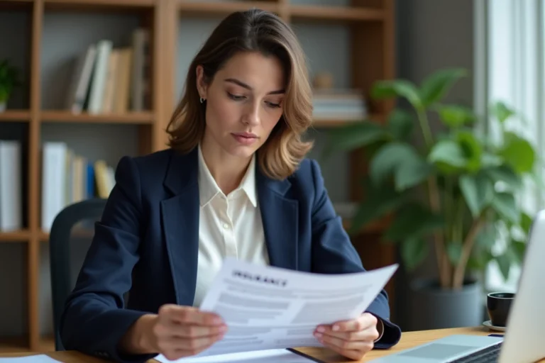 Femme consultant son relevé d'information assurance auto à son bureau à domicile