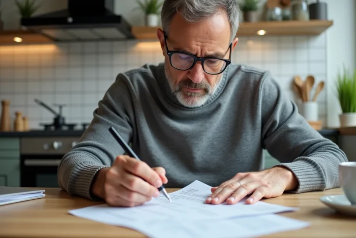 Particulier remplissant un formulaire cerfa de relevé hypothécaire immobilier à son domicile