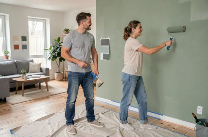 Couple peignant un mur intérieur en vert sauge dans un salon de style scandinave avec parquet clair et outils de décoration