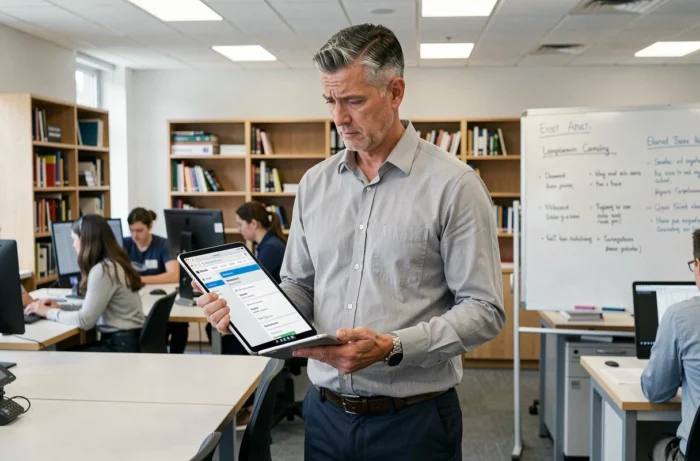 Responsable informatique consultant une page de dépannage webmail sur une tablette dans une salle des professeurs