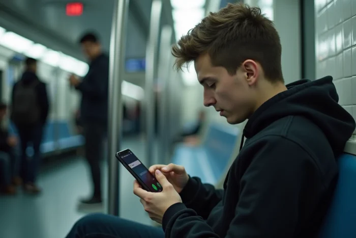 Jeune personne dans les transports en commun recherchant l'identité d'un numéro de téléphone manqué sur son smartphone