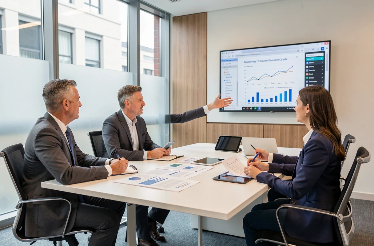Réunion de professionnels autour d'une table de conférence moderne, présentant des services et solutions proposés aux entreprises par L'Essentiel Pro