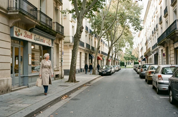 Rue résidentielle typique du quartier Mermoz à Lyon avec immeubles d'époque et commerces de proximité