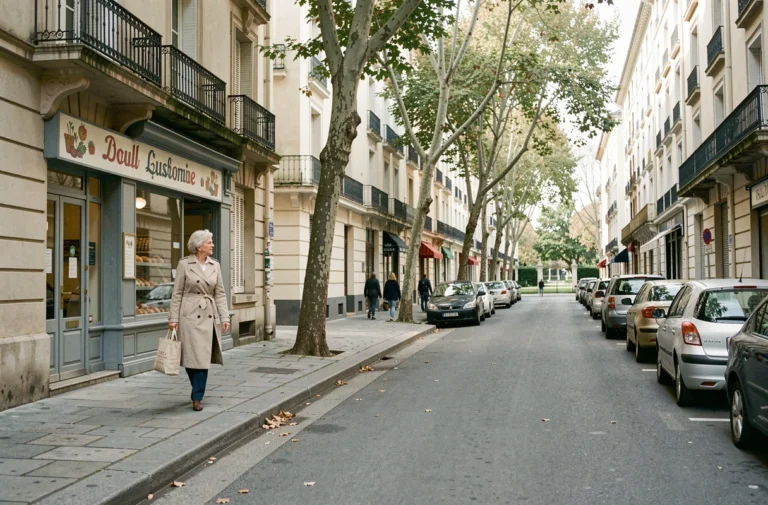 Rue résidentielle typique du quartier Mermoz à Lyon avec immeubles d'époque et commerces de proximité