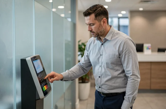 Homme saisissant un code sécurisé sur un terminal bancaire dans une agence moderne
