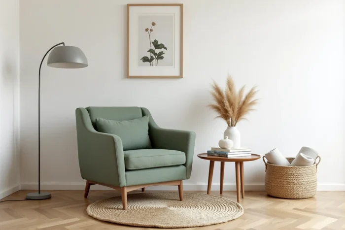 Coin salon scandinave minimaliste et organisé avec fauteuil en tissu vert sauge, livres empilés et panier de rangement en osier
