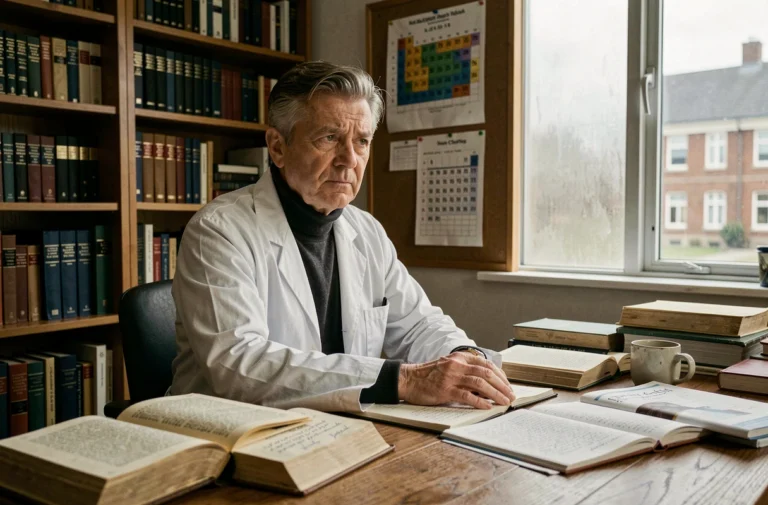 Scientifique philosophe assis dans un bureau universitaire entouré de livres de science et de philosophie, illustrant la rencontre entre raison et questionnement existentiel