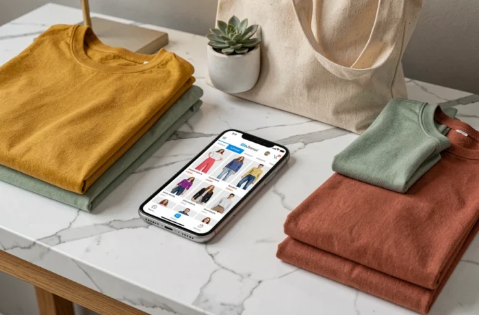 Shopping en ligne sur smartphone entouré de vêtements tendance pliés sur un bureau en marbre blanc