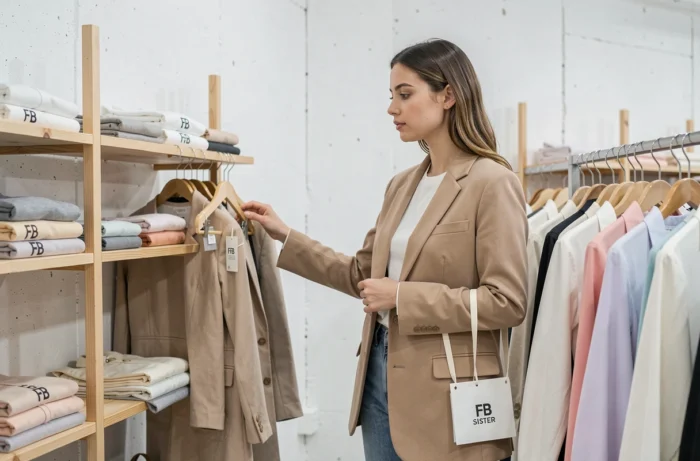 Jeune femme choisissant des vêtements FB Sister dans une boutique mode minimaliste