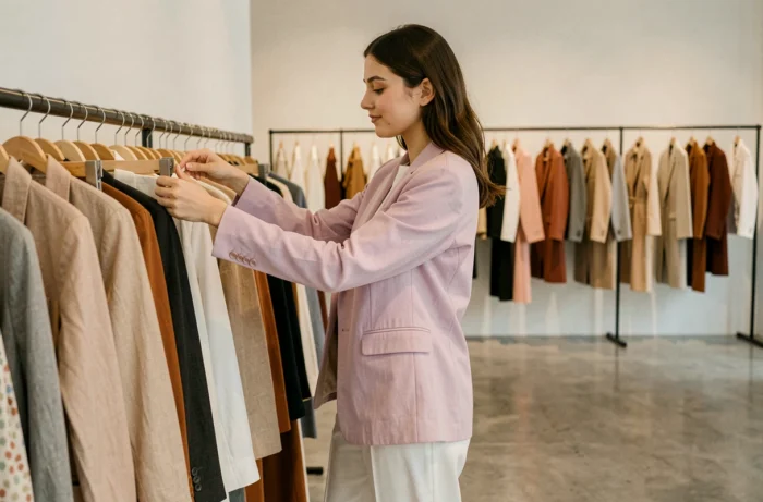 Jeune femme tendance qui fait du shopping dans une boutique de vêtements abordable et moderne
