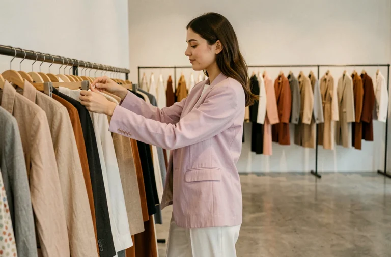 Jeune femme tendance qui fait du shopping dans une boutique de vêtements abordable et moderne