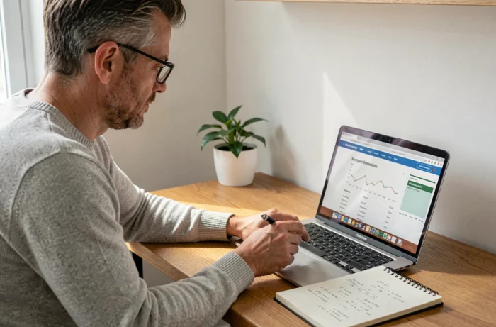 Homme simulant un crédit immobilier sur ordinateur portable depuis son bureau à domicile