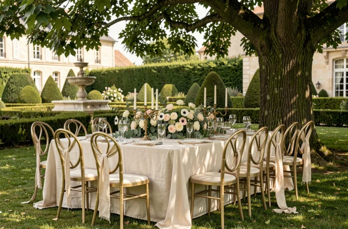 Table de réception de mariage décorée sous les arbres dans un domaine de prestige en Île-de-France