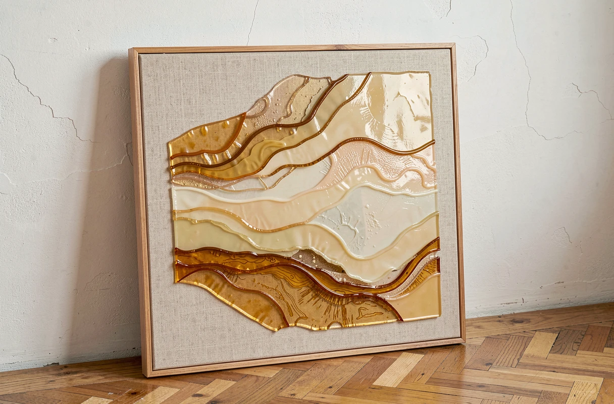 Tableau artistique réalisé avec de la cire d'abeille coulée sur toile, présentant des couches translucides dorées et ivoire
