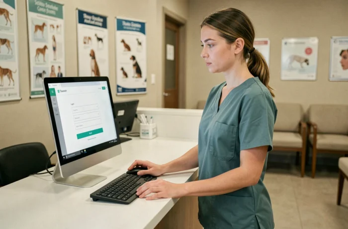Technicienne vétérinaire se connectant pour la première fois au logiciel GM Vet 1 sur un poste informatique de réception vétérinaire