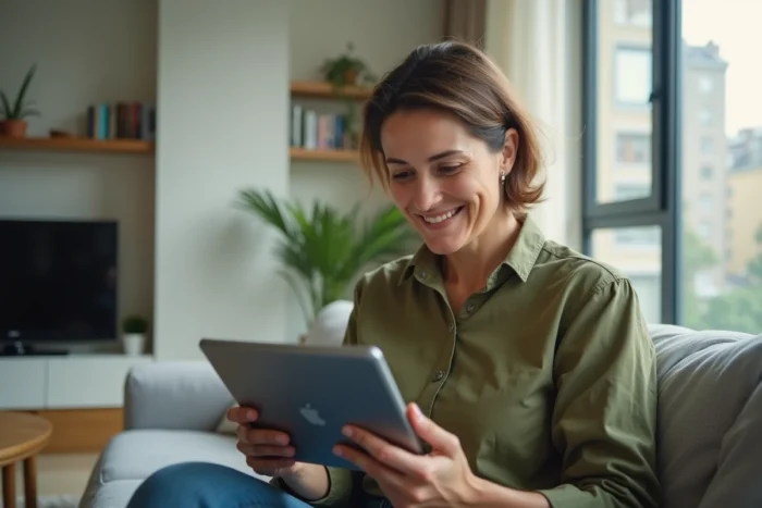 Femme téléchargeant son relevé d'information assurance auto en ligne sur une tablette depuis chez elle