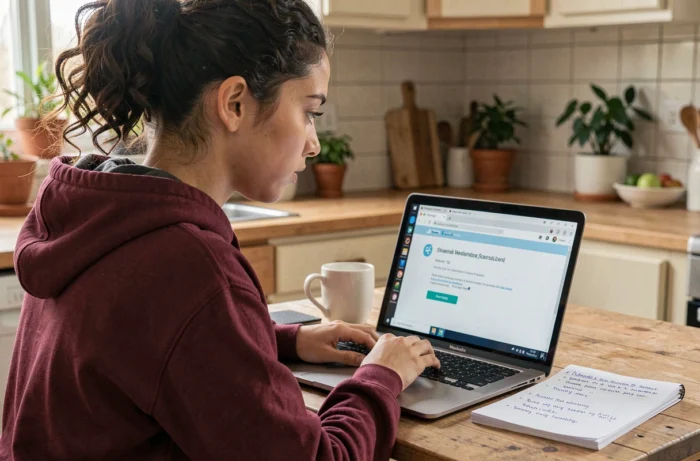 Jeune femme en télétravail tentant de se connecter au webmail de l'académie de Créteil depuis son domicile
