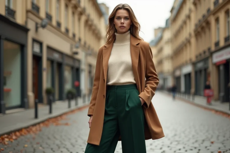 Femme élégante portant un manteau camel oversize et un pantalon large vert forêt dans une rue pavée européenne, tendances mode automne-hiver