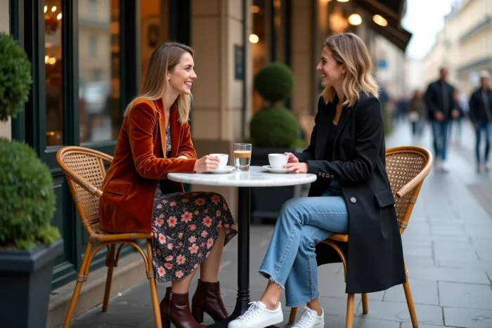 Deux femmes élégamment habillées aux tendances mode de saison attablées en terrasse d'un café parisien, blazer velours rouille et trench noir