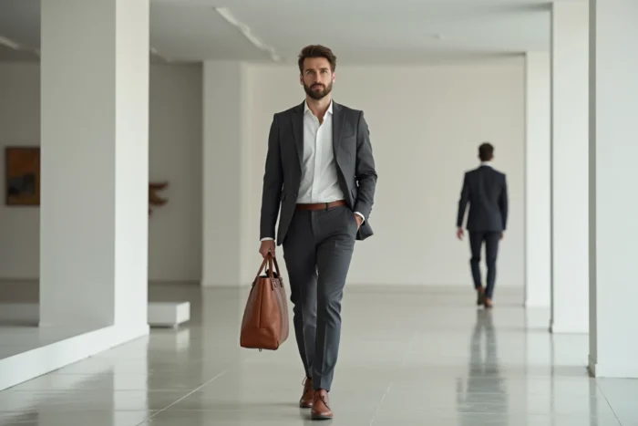 Homme élégant en costume gris structuré portant un sac en cuir cognac dans un espace intérieur minimaliste, tendances mode masculine saison