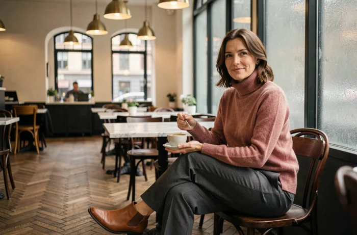 Femme de 35 ans en pull cachemire rose poudré et pantalon anthracite attablée dans un café chic parisien