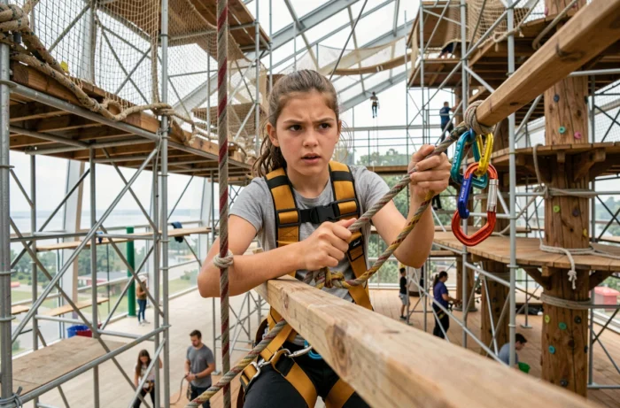 Adolescente en train de réaliser un parcours d'accrobranche indoor à Tépacap