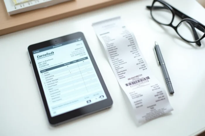 Ticket de caisse Carrefour imprimé et facture numérique affichée sur tablette posés sur un bureau, comparaison entre justificatif papier et dématérialisé