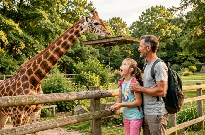 Père et fille observant une girafe à Touroparc Zoo en Saône-et-Loire