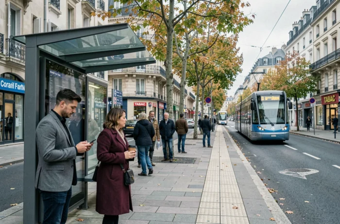 Arrêt de tramway du quartier Mermoz à Lyon avec vue sur les transports en commun et commerces