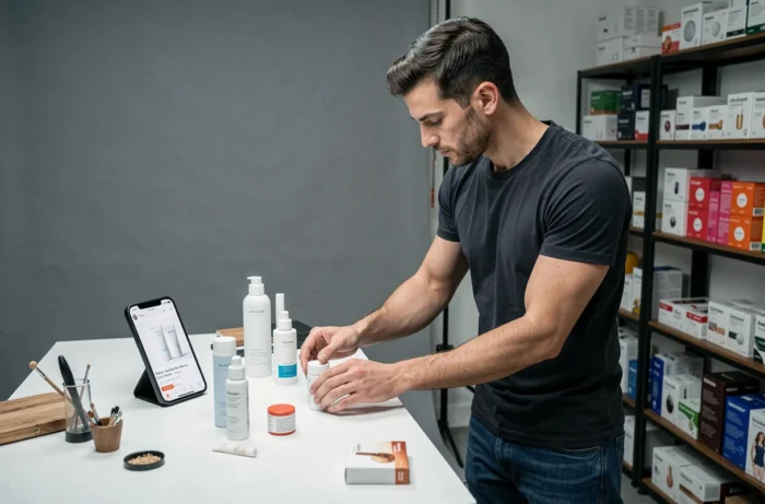 Vendeur en ligne arrangeant des produits cosmétiques pour une fiche produit sur sa boutique e-commerce