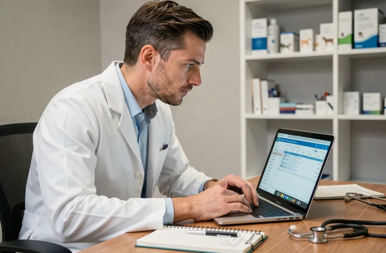 Vétérinaire masculin concentré utilisant un logiciel vétérinaire GM Vet 1 sur un ordinateur portable dans une clinique vétérinaire moderne
