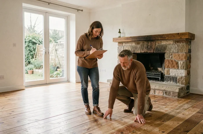 Couple visitant une maison à vendre et inspectant le parquet en bois dans un salon spacieux avec cheminée en pierre