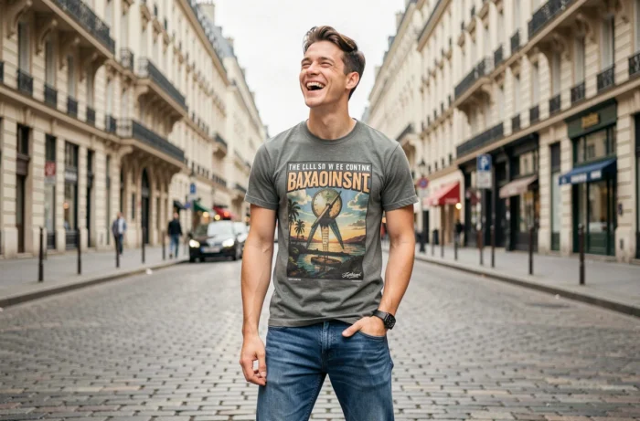 Jeune YouTubeur français souriant en tenue streetwear dans une rue parisienne aux immeubles haussmanniens